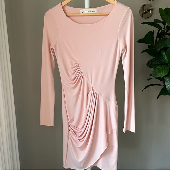 Graham & Spencer Pink Bodycon Ruched Long-sleeved Dress Knee-length Size P / XS - Picture 3 of 7